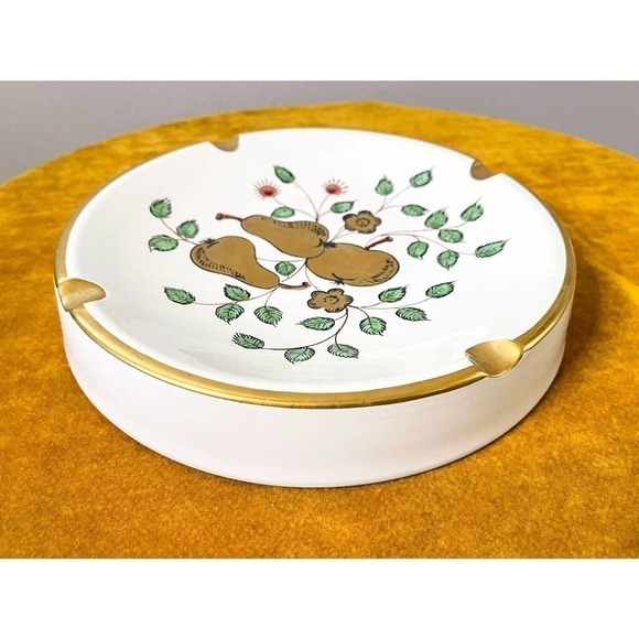 Mcm Ceramic Ashtray Large Hand-painted White Gold Pears Floral Italy Vintage - Picture 3 of 7
